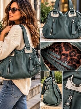B. Makowsky Vintage Teal Green Leather Shoulder Bag Y2K Silver Hardware